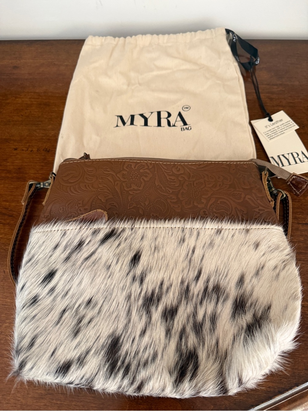 Myra Bag Brown Tooled Leather Crossbody with brown & white cowhide, NWT